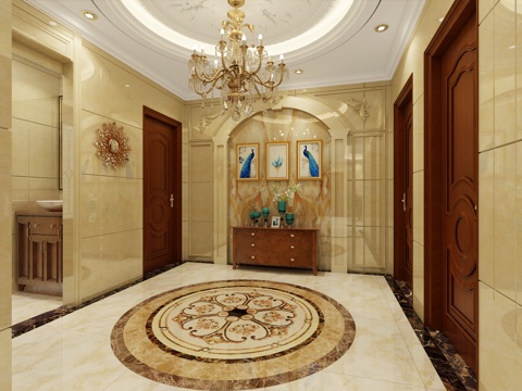  欧式玄关 吊灯 装饰画 边柜 挂件墙饰 地砖拼花3d模型 