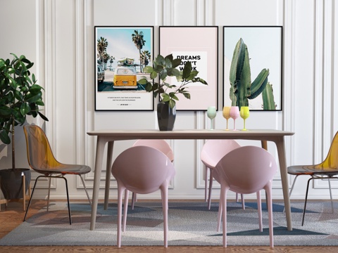  北欧餐桌椅 绿植 盆栽 花瓶 餐桌椅组合 地毯3d模型 