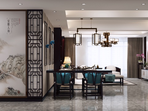  新中式民宿 客厅装饰墙 墙画 沙发茶几组合3d模型 