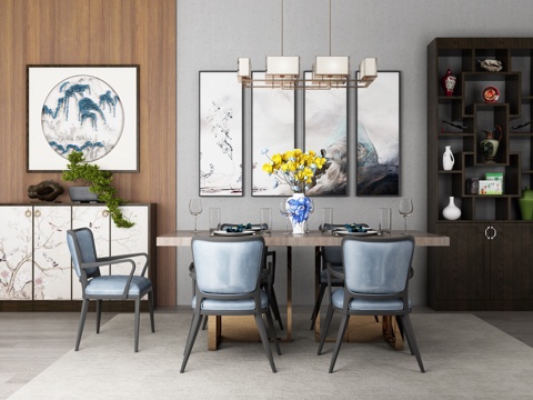  新中式餐桌椅吊灯装饰画装饰柜组合3d模型 