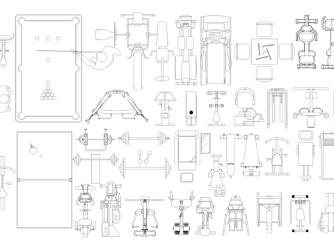 运动器材 休闲健身训练设施 乒乓球 台球棋牌桌杠铃cad施工图
