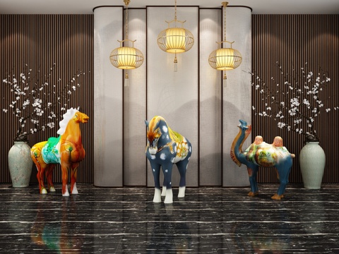  新中式背景墙 干枝梅花 雕塑 马骆驼雕塑 吊灯3d模型 