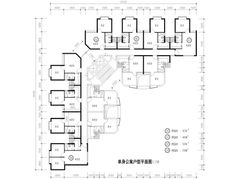 单身公寓户型图 建筑平面图 一室两室一厅一卫cad施工图