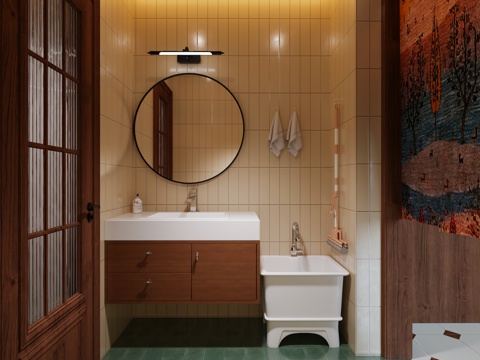  卫生间干区 复古卫生间 餐饮卫生间洗手盆  拖把池 中古风卫3d模型 