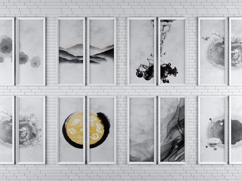  新中式水墨装饰画挂画组合3d模型 