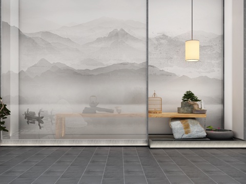  禅意中式装饰墙 茶桌 流水景观 景观松树 盆景3d模型 