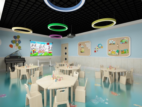 现代幼儿园 桌椅 挂画 钢琴 物件摆件3d模型 