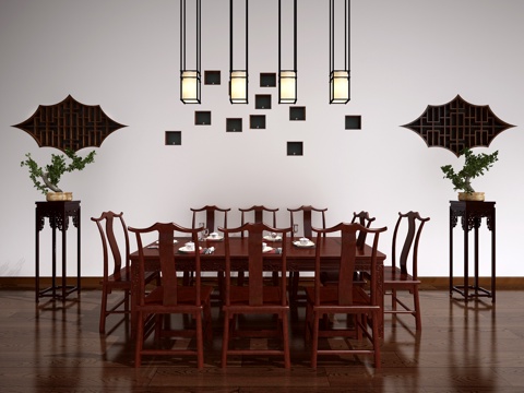  传统中式餐桌椅 装饰品 吊灯3d模型 