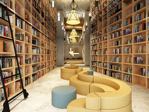  阅读区 书吧 书架 水泥 镜面 布艺沙发 现代简约吊灯3d模型 