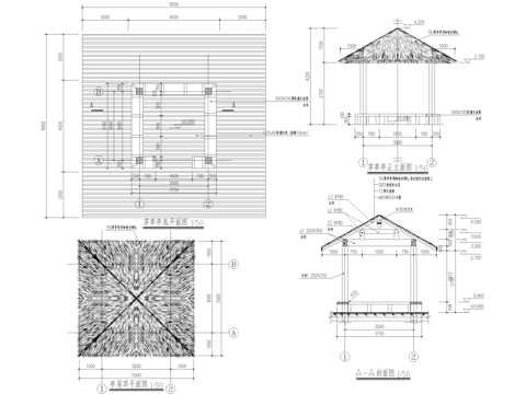 茅草亭 四角亭 木亭 景观亭 凉亭cad施工图