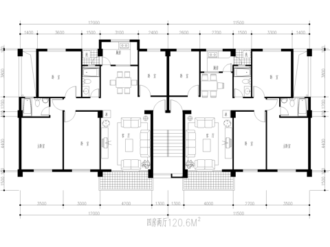 建筑平面图 户型图 四室两厅两卫 一梯两户cad施工图