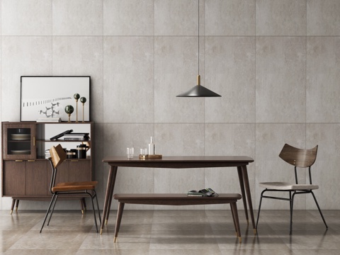  北欧复古实木餐桌椅边柜组合3d模型 