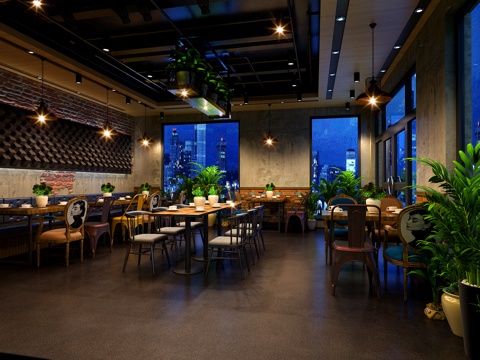  工业风餐厅 工业风桌椅3d模型 