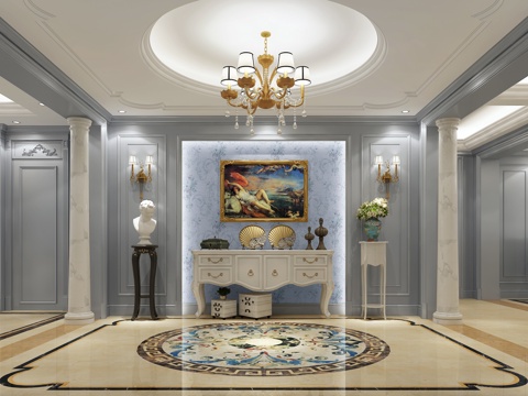  欧式门厅玄关 挂画 物件摆件 吊灯 墙饰品3d模型 