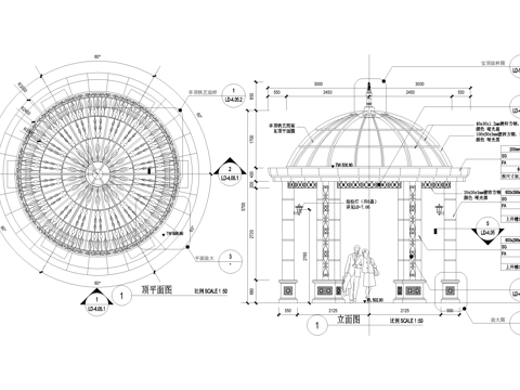 欧式亭子 圆亭 铁艺顶 景观亭 凉亭cad施工图
