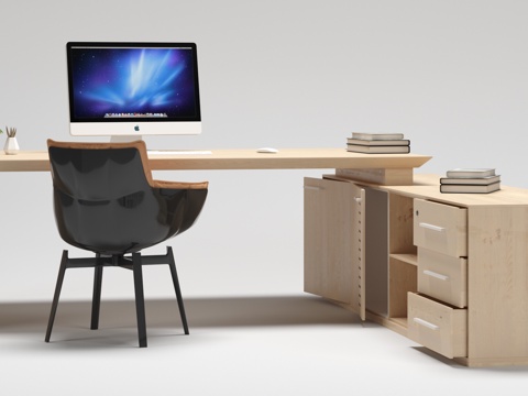  现代简约木质办公台 摆件组合3d模型 