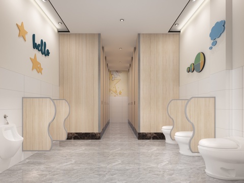  现代幼儿园卫生间 梳妆镜 洗手池 挂画 马桶 物件摆件3d模型 