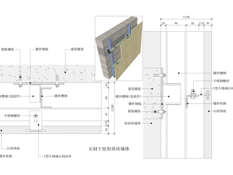 石材干挂墙剖面图 轻质砖墙体 墙面节点cad施工图