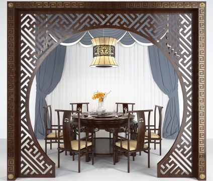  中式餐桌屏风窗帘吊灯组合3d模型 