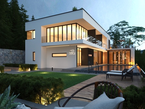  新中式别墅建筑外观3d模型 