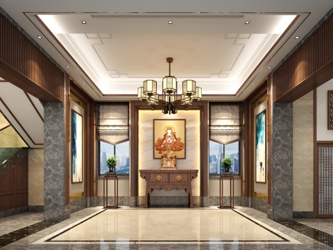  新中式客厅 玄关 吊灯 画3d模型 