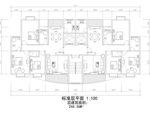 平层户型图 建筑平面图 三室两厅两卫一厨 三梯两户cad施工图