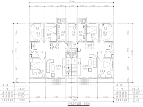 平层户型图 建筑平面图 三室两厅四室两厅 一梯两户cad施工图cad施工图