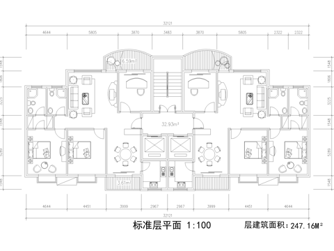 标准层建筑平面图 平层户型图 三室两厅两卫一厨 三梯两户cad施工图