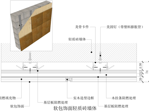 软包饰面轻质砖墙 墙面节点cad施工图