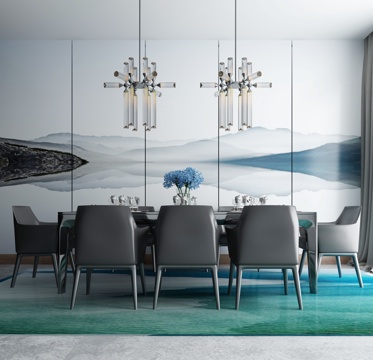  新中式餐桌椅 吊灯组合3d模型 