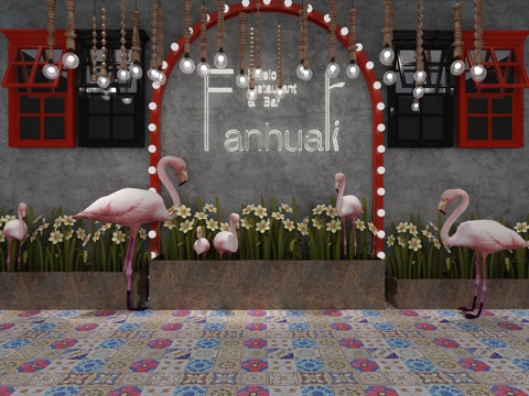  工业风装饰墙 火烈鸟 吊灯 发光字 雕塑 绿植花坛3d模型 