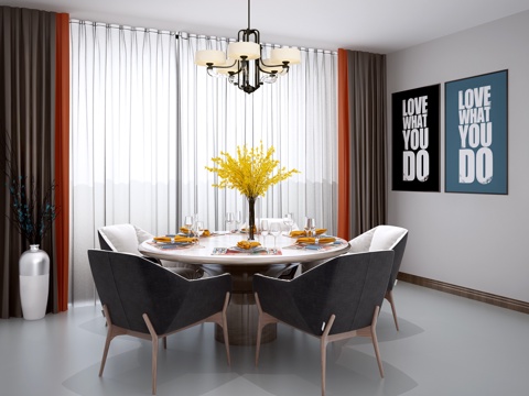  现代餐桌椅 吊灯 窗帘 装饰品3d模型 