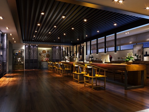  中式餐厅 中式宾馆大厅3d模型 