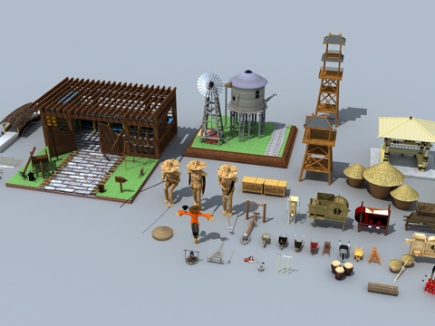  传统中式农具 稻草人 风车 手推车 奶牛 草垛 凉亭 簸3d模型 