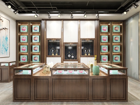  新中式展厅 展柜展架 轨道灯 磨砂玻璃 管道顶3d模型 