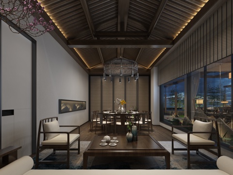  禅意中式 树枝吊灯 餐桌椅 椅子 斜坡顶3d模型 