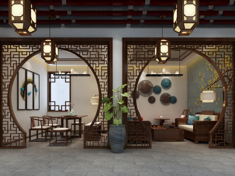  中式茶室 茶桌 沙发 茶几 装饰品 吊灯 隔断3d模型 