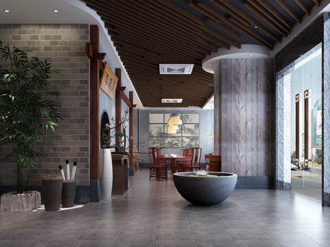  中式餐厅 收银 吧台 吊灯 中央空调 水景3d模型 