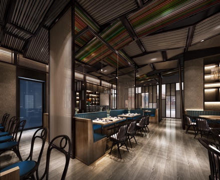  新中式餐厅 用餐区 前台接待区 卡座3d模型 