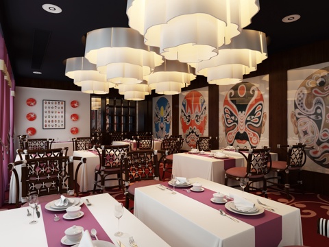  传统中式餐厅 餐桌椅 吊灯 餐具3d模型 