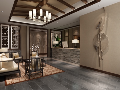  现代中式茶餐厅 前台 过道3d模型 