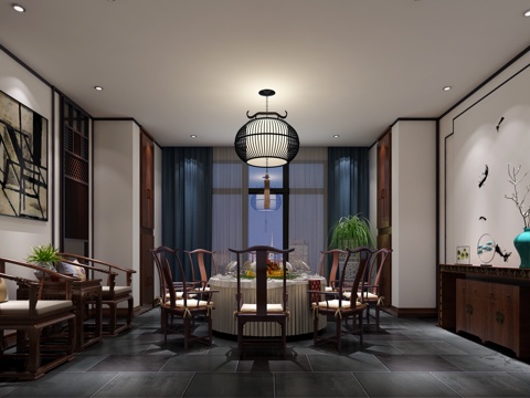  新中式包间 青石板 摆件 墙绘 餐桌 窗帘 吊灯 挂画3d模型 