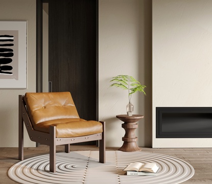 中古休闲椅 木质单人沙发 皮质沙发椅su模型