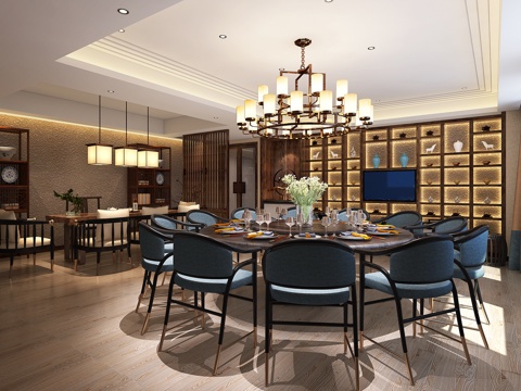  现代新中式餐厅包房  新中式吊灯 新中式餐桌椅3d模型 