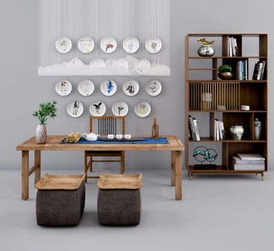  中式书桌椅装饰柜摆件组合3D模型3d模型 