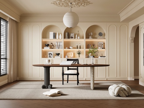  法式奶油书房 书桌椅 圆拱书柜3d模型 