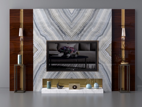  中式电视背景墙3d模型 