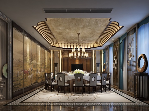  新中式包房 新中式包间 中式包间 中式屏风 中式高背椅3d模型 