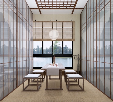  禅意中式雅座 吊灯 茶桌椅 木隔断3d模型 