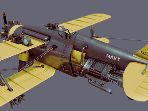  柴油朋克双翼飞机3d模型 